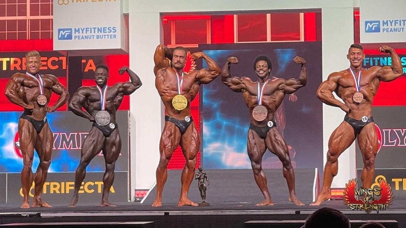 Chris Bumstead · Chris Bumstead and fellow finalists in a front double-biceps comparison at the 2021 Classic Physique Olympia